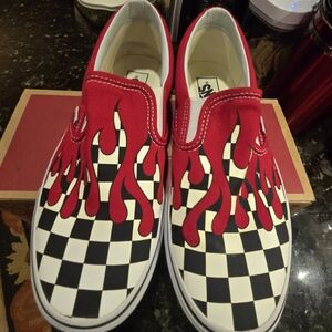 Vans Red Black White Checkerboard Slip-On Sneakers